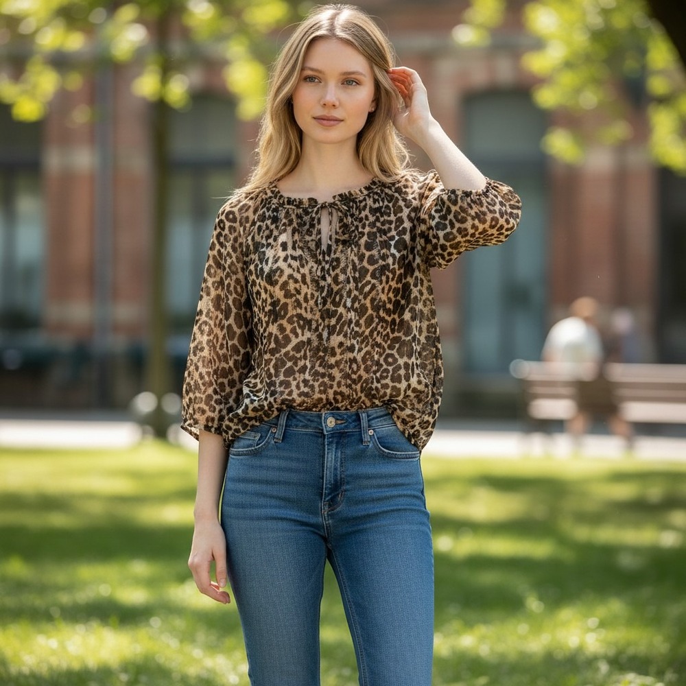 Express‎ Leopard Print Sheer Ruffle Tie Neck Blouse Brown Tan Small